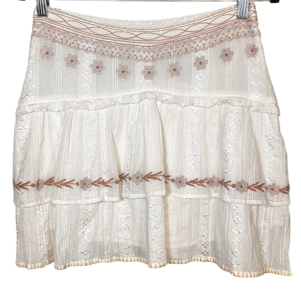 Altar'd State White Cream Tiered Embroidered Mini Skirt